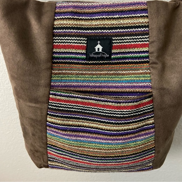 Hilltop of Hope Hobo Crossbody Bag Brown Faux Suede Woven Multicolored Stripes - Picture 3 of 12